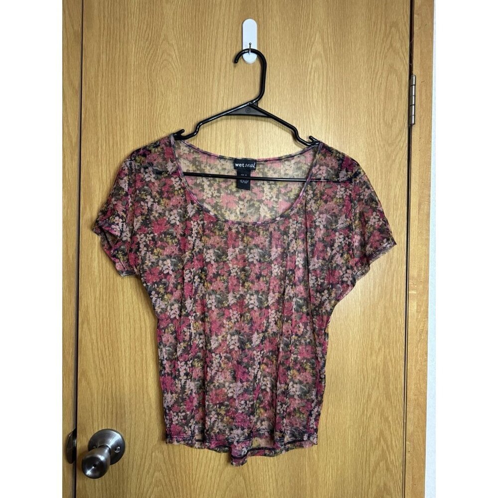 WET SEAL Floral Sheer Mesh Top Sheer Y2k Boho Beach Stroll Fresh Street XS